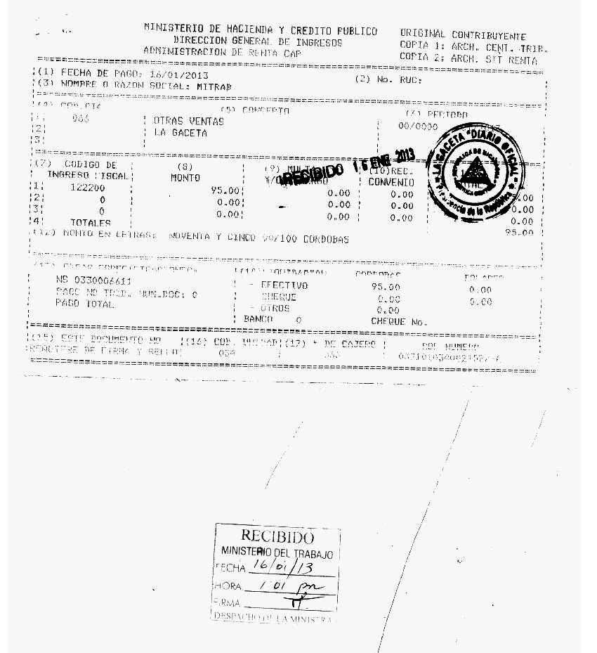 Recibo publicación Gaceta